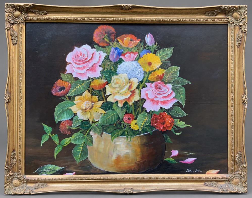 A framed mid-20th-century oil painting depicting a colourful floral arrangement in a brass vase against a dark background.