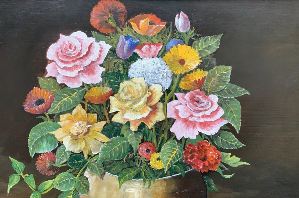 A framed mid-20th-century oil painting depicting a colourful floral arrangement in a brass vase against a dark background. View III