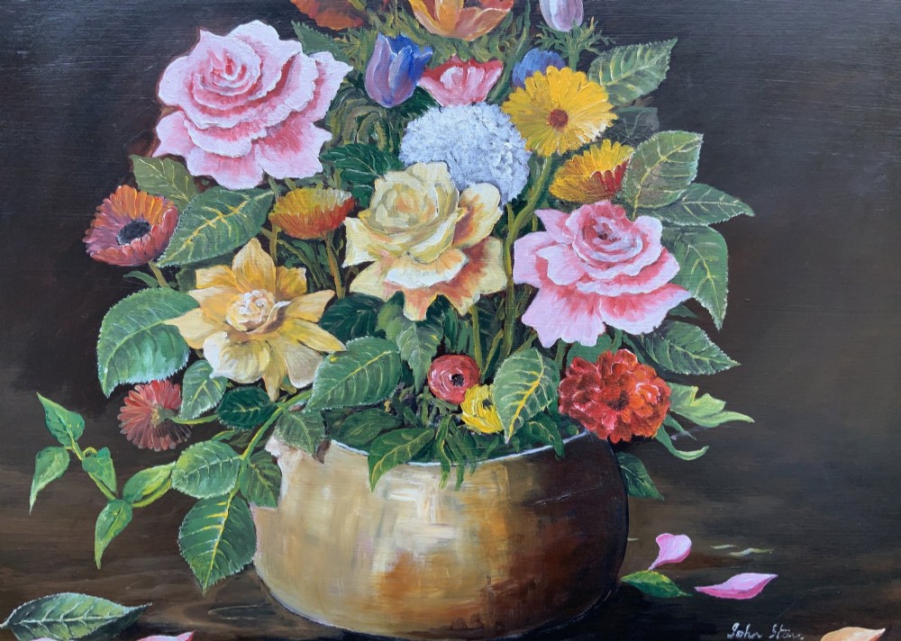 A framed mid-20th-century oil painting depicting a colourful floral arrangement in a brass vase against a dark background. View IV