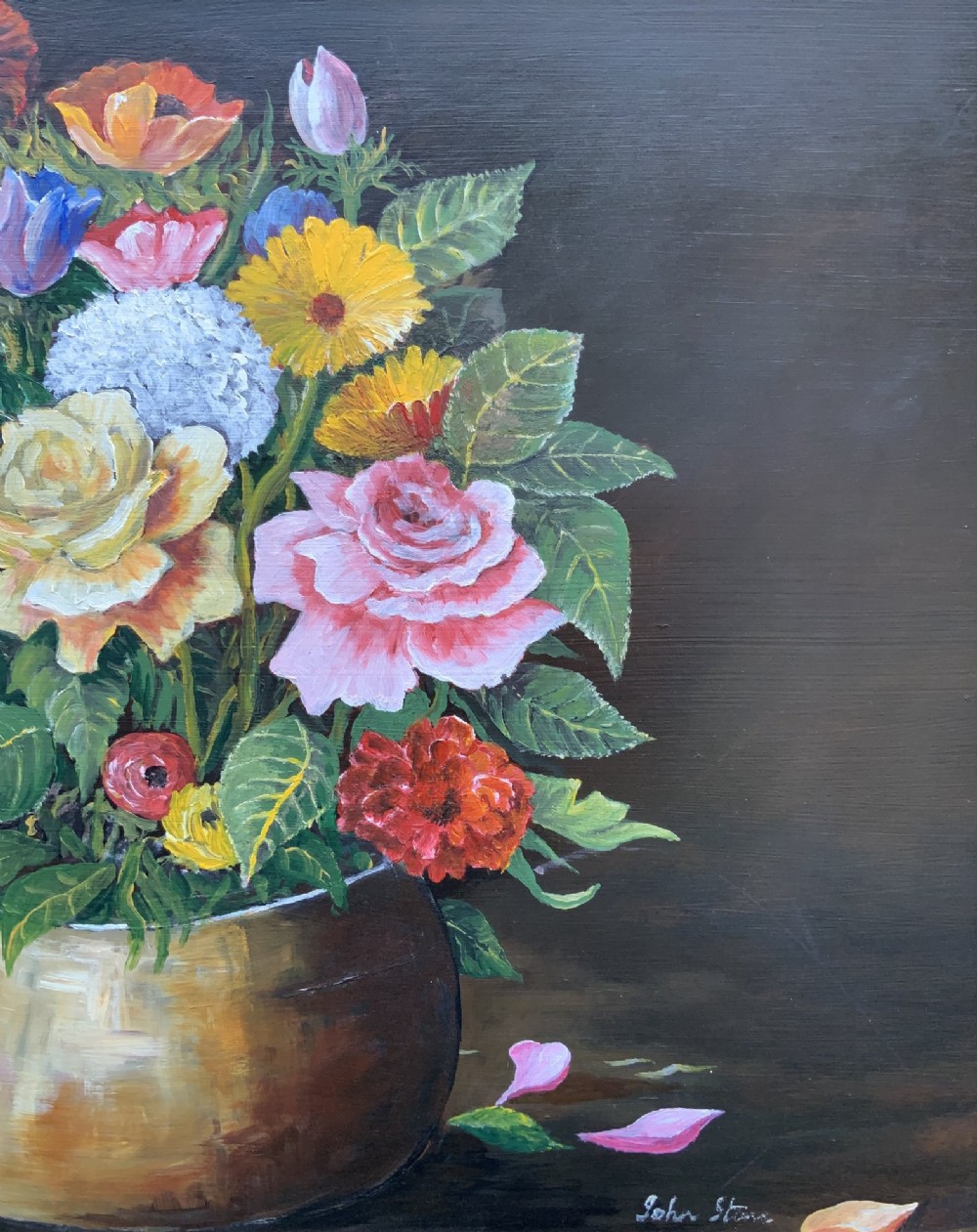 A framed mid-20th-century oil painting depicting a colourful floral arrangement in a brass vase against a dark background. View VI