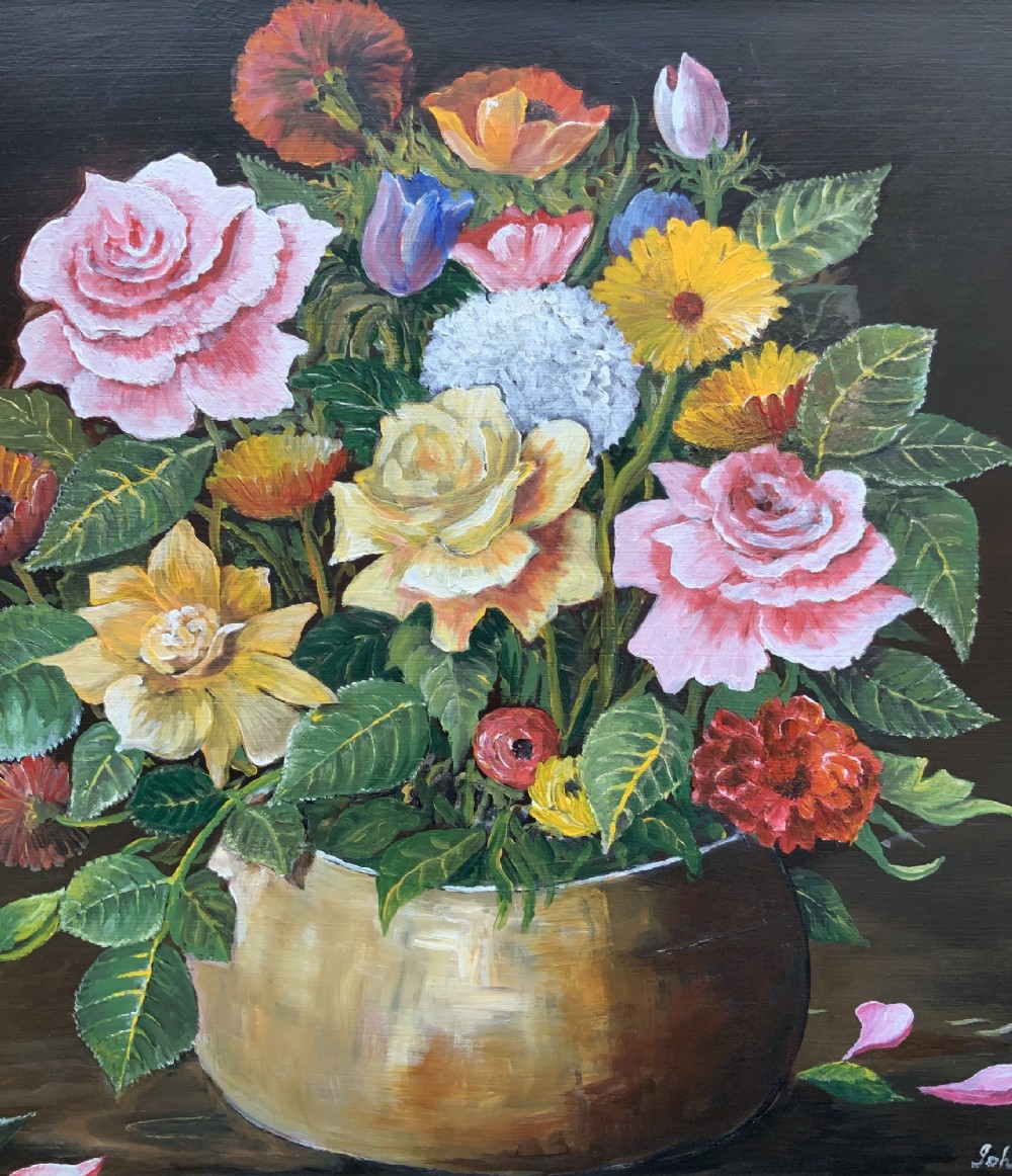 A framed mid-20th-century oil painting depicting a colourful floral arrangement in a brass vase against a dark background. View VII