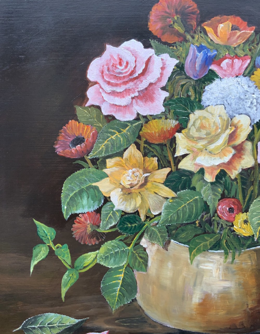 A framed mid-20th-century oil painting depicting a colourful floral arrangement in a brass vase against a dark background. View VIII