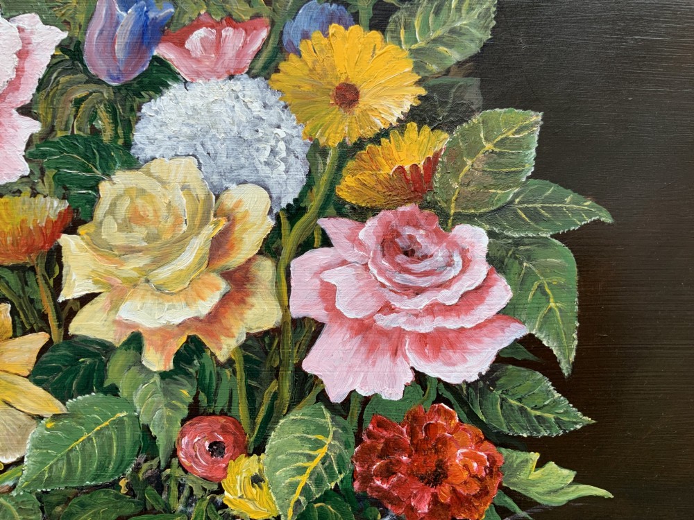 A framed mid-20th-century oil painting depicting a colourful floral arrangement in a brass vase against a dark background. View IX
