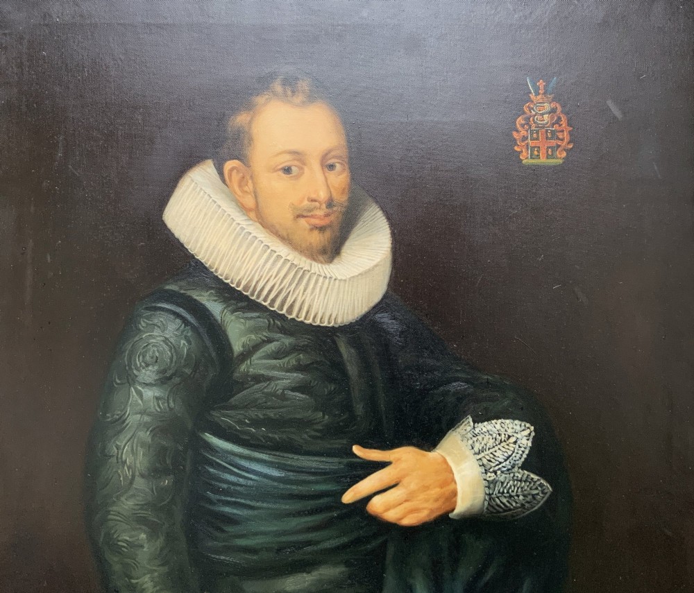 A full-length oil painting depicting a 17th-century gentleman in a dark doublet and white ruff collar, set within a black and gold frame. View III