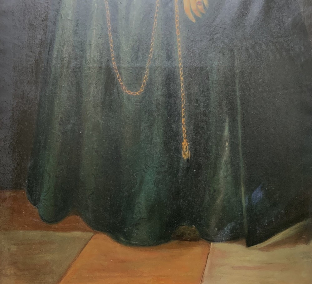 A full-length oil painting depicting a noblewoman dressed in a dark green gown, large white lace ruff collar, and bonnet, set within a dark frame. View V