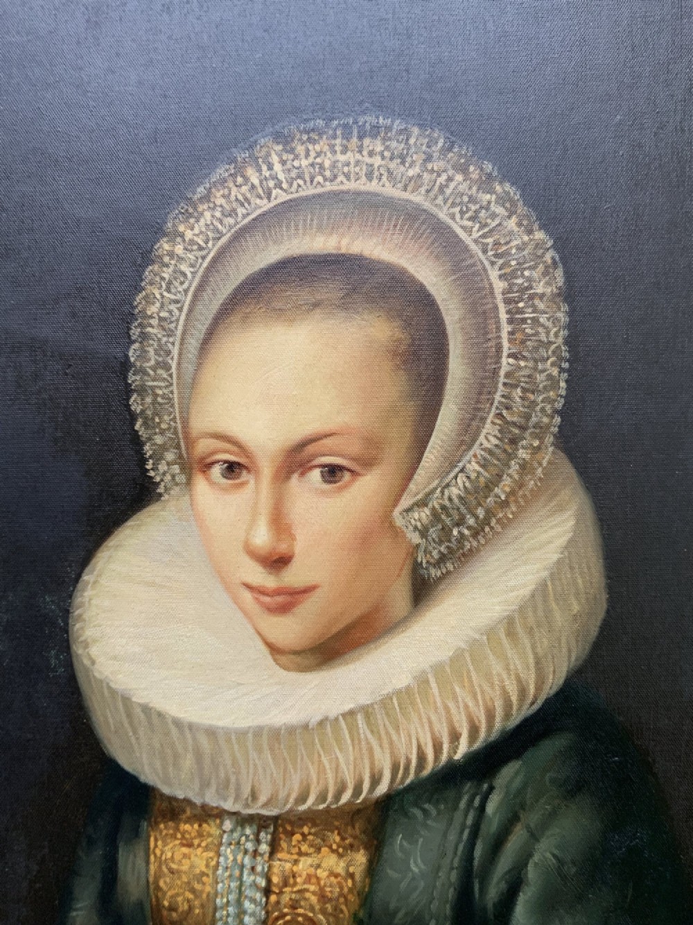 A full-length oil painting depicting a noblewoman dressed in a dark green gown, large white lace ruff collar, and bonnet, set within a dark frame. View VII