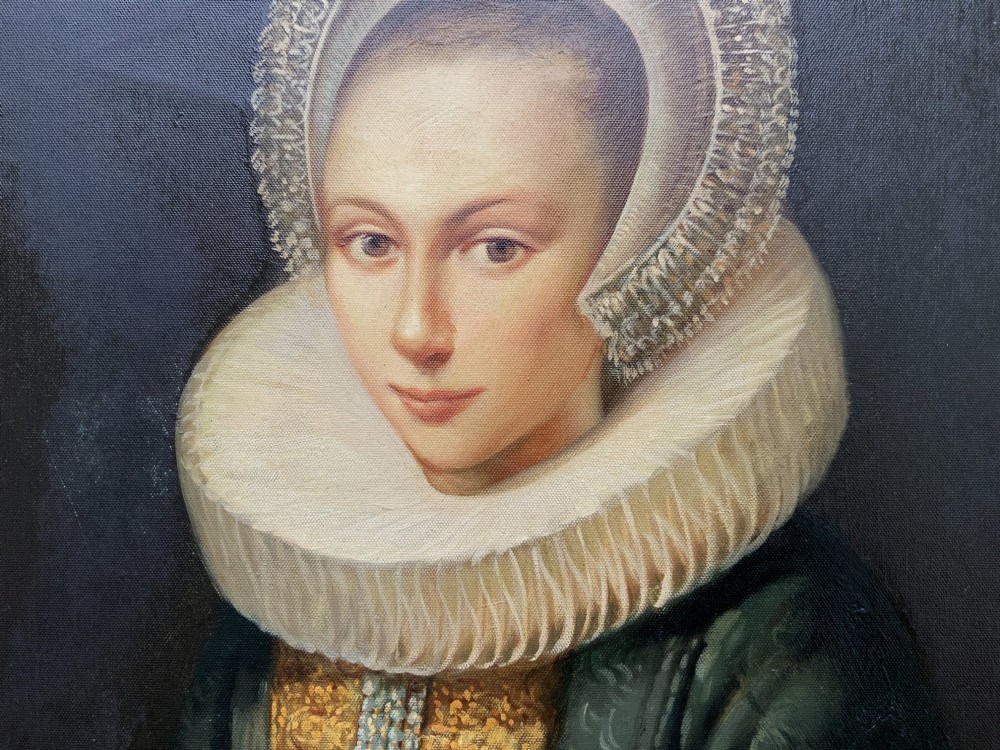 A full-length oil painting depicting a noblewoman dressed in a dark green gown, large white lace ruff collar, and bonnet, set within a dark frame. View VIII