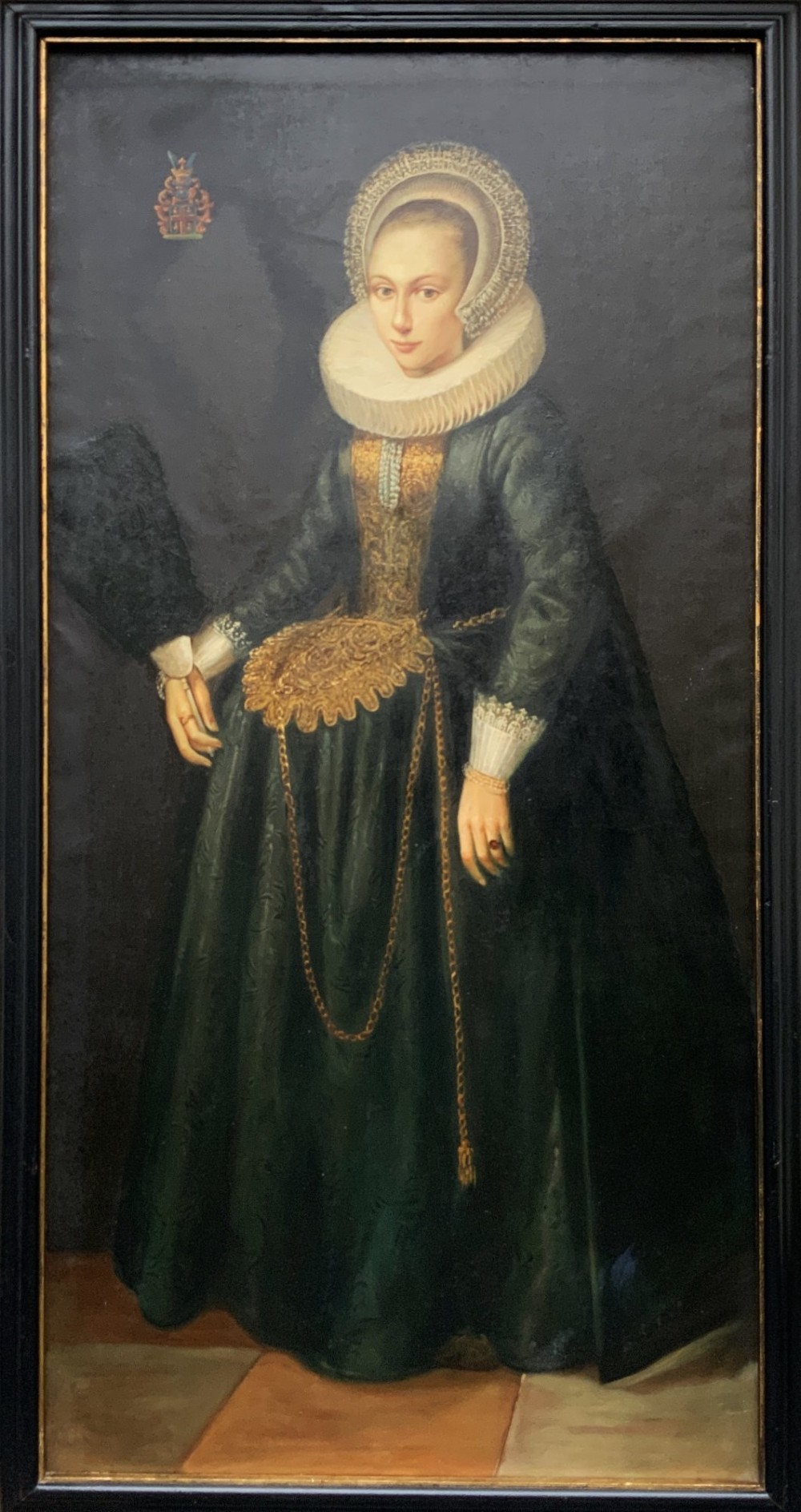 A full-length oil painting depicting a 17th-century gentleman in a dark doublet and white ruff collar, set within a black and gold frame. View XIV