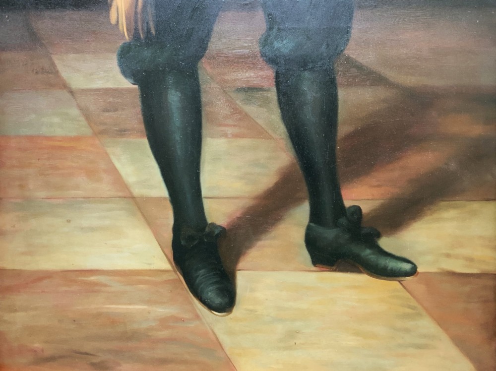 A pair of large framed full-length oil portraits depicting a lady in a dark green gown and a gentleman in a black doublet, both wearing pleated ruff collars. View XIII