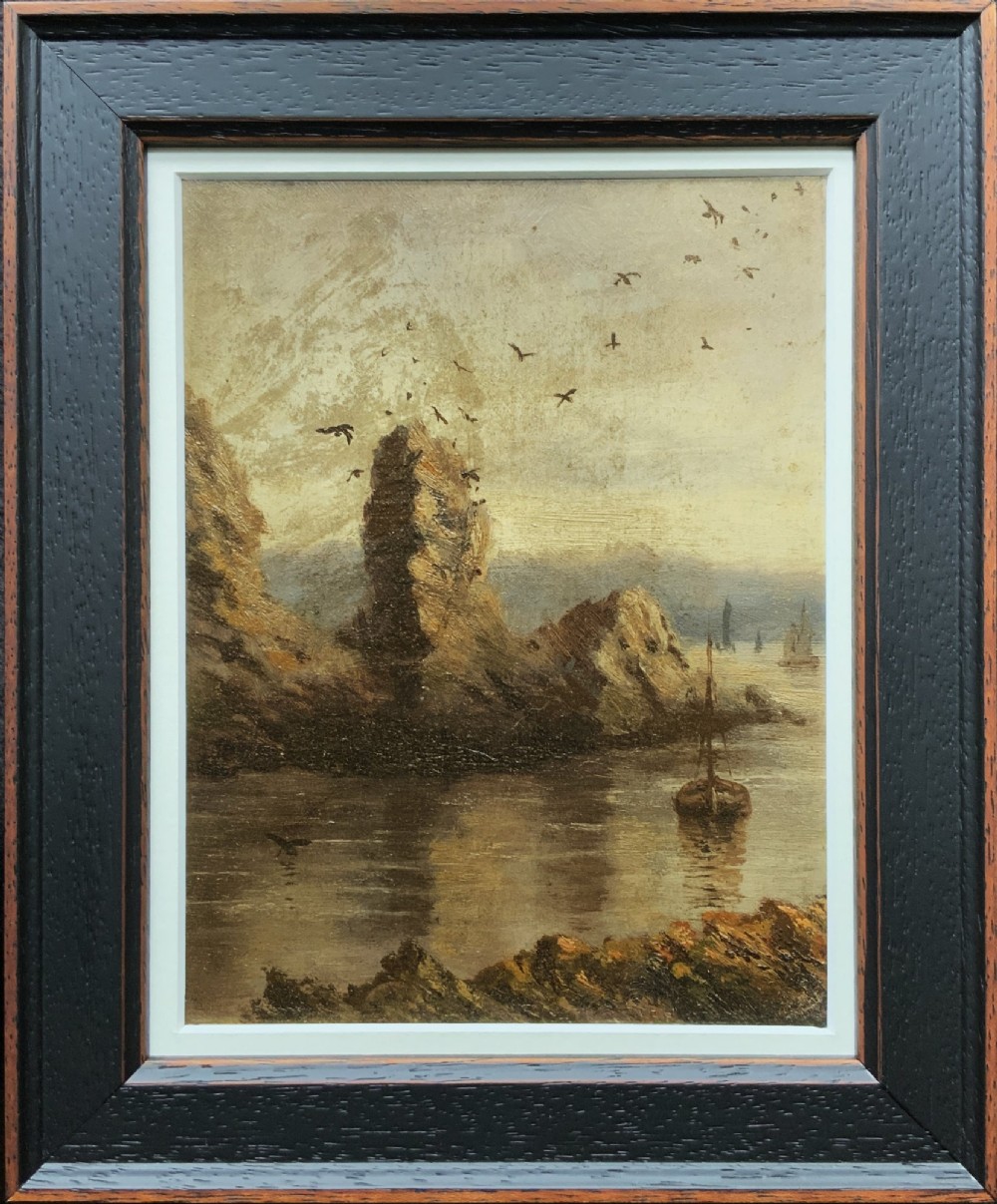 A 19th-century miniature oil painting depicting a coastal cliff scene with a prominent rock stack, small boats, and birds in flight, set within a dark wooden frame.