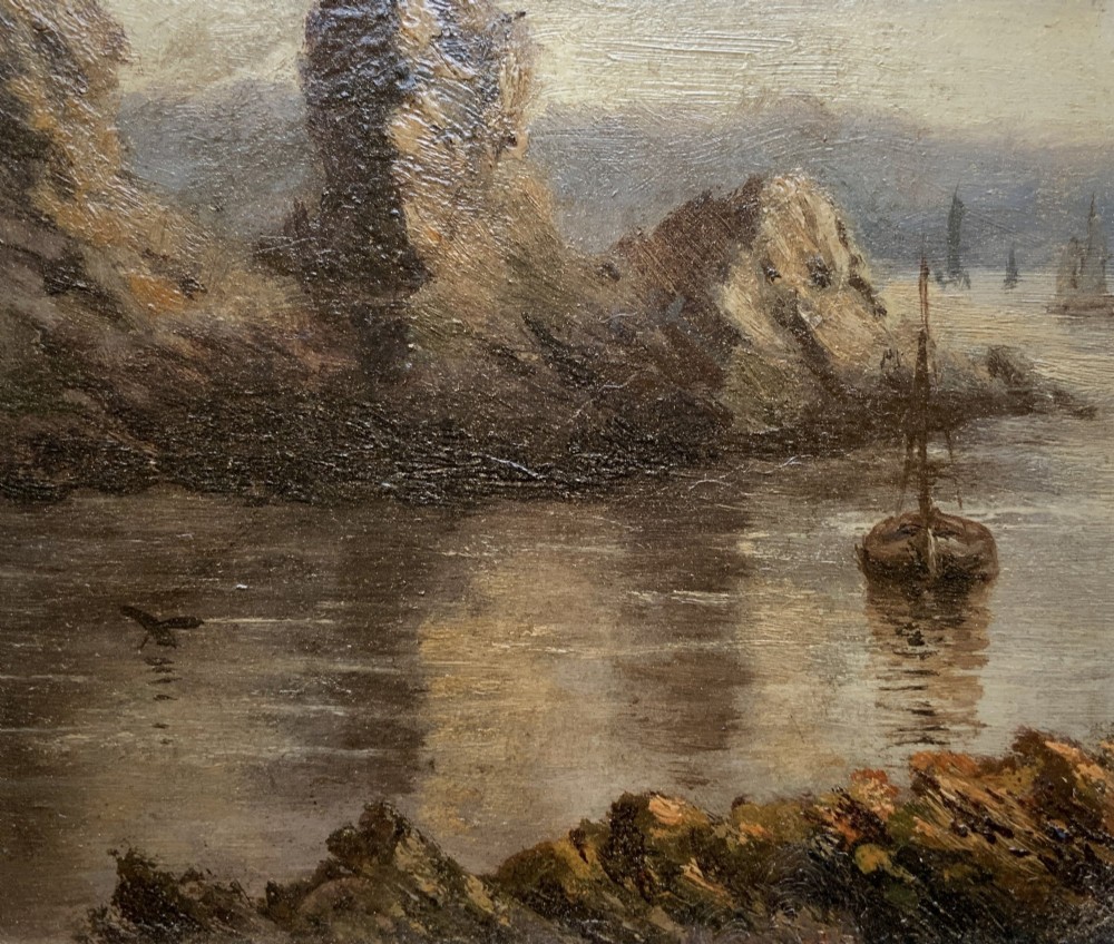 A 19th-century miniature oil painting depicting a coastal cliff scene with a prominent rock stack, small boats, and birds in flight, set within a dark wooden frame. View V