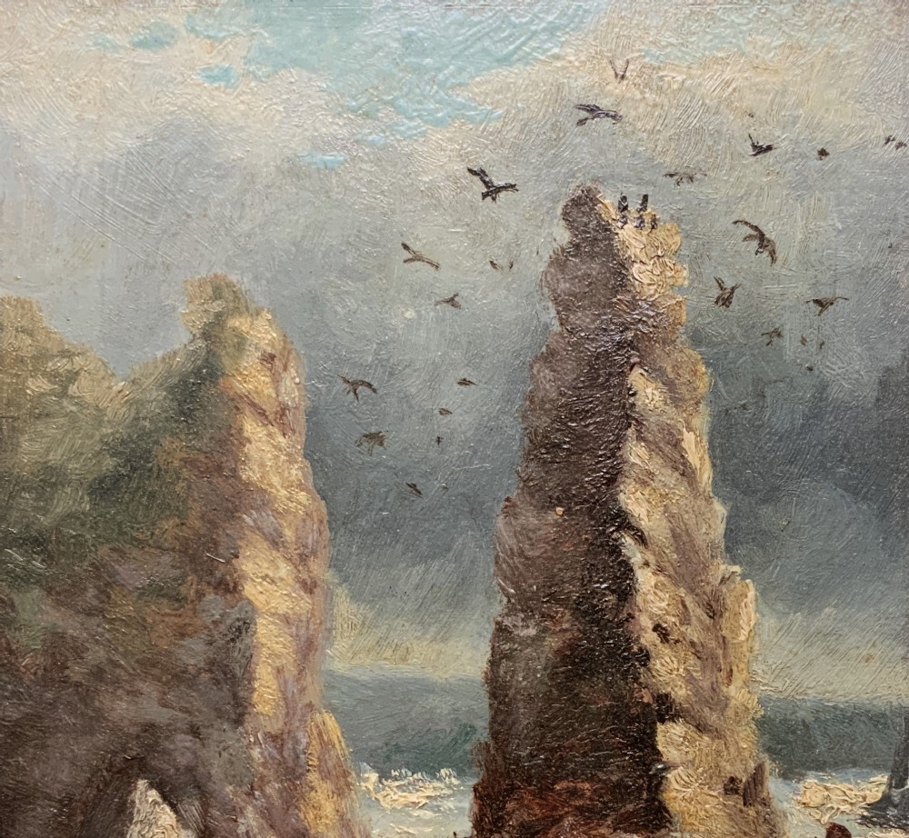 A 19th-century miniature oil painting depicting coastal rock formations in sea swell, set within a dark wooden frame with a white slip. View III