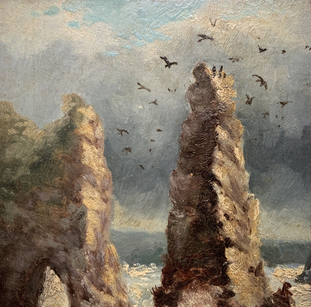 A 19th-century miniature oil painting depicting coastal rock formations in sea swell, set within a dark wooden frame with a white slip. View VI