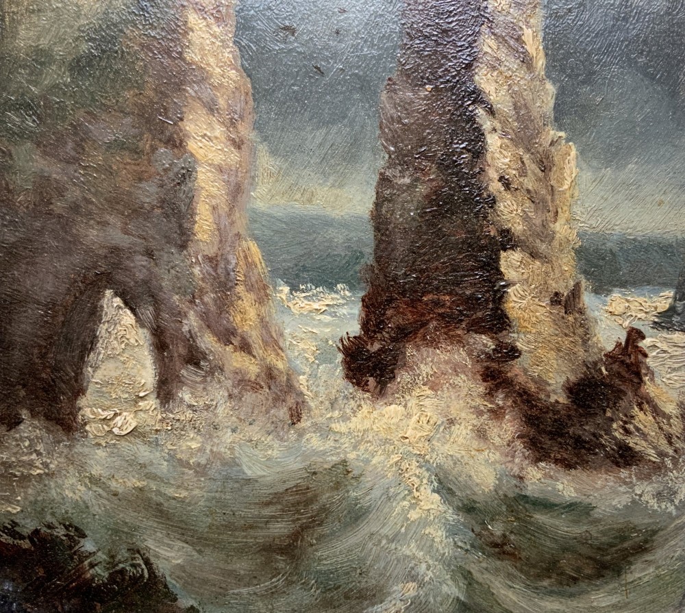 A 19th-century miniature oil painting depicting coastal rock formations in sea swell, set within a dark wooden frame with a white slip. View VII