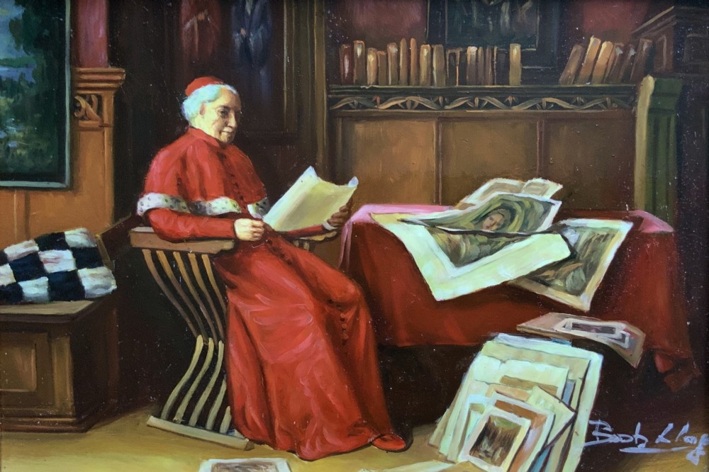 A miniature oil painting depicting a cardinal dressed in red robes seated inside a library reading papers, set within an ornate carved gilt frame. View II