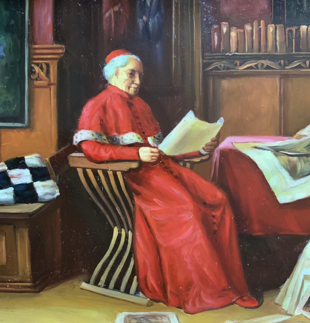 A miniature oil painting depicting a cardinal dressed in red robes seated inside a library reading papers, set within an ornate carved gilt frame. View V