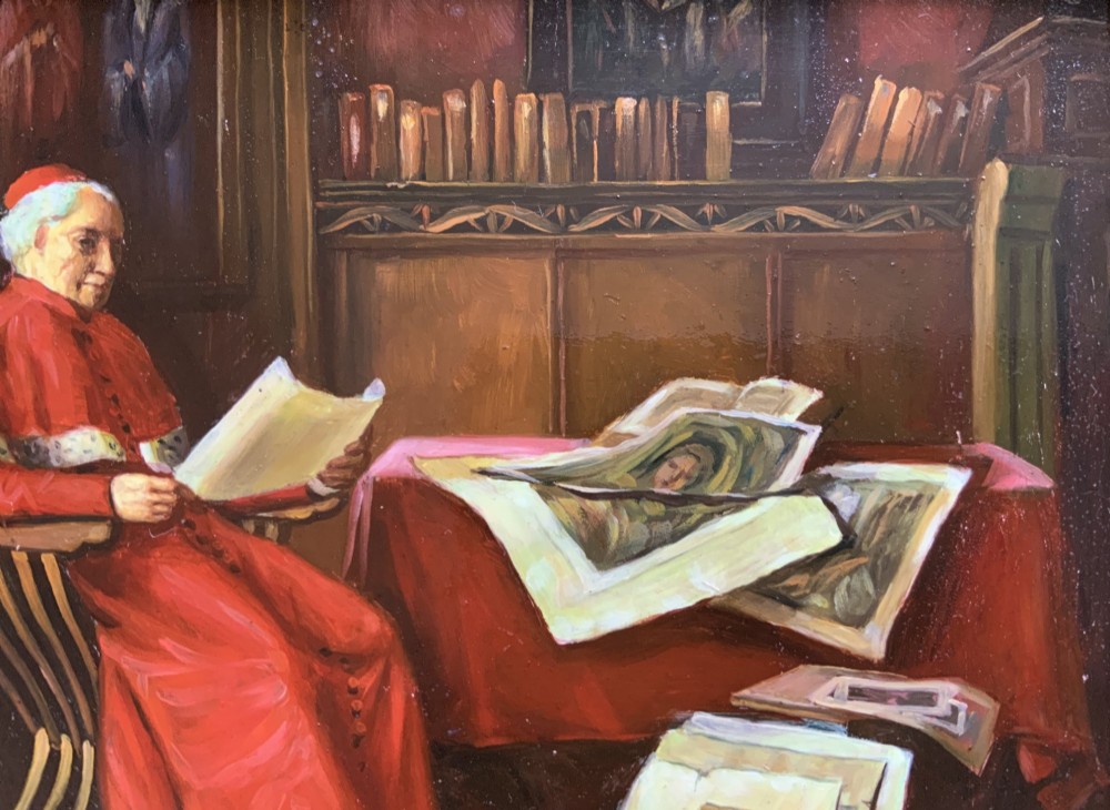 A miniature oil painting depicting a cardinal dressed in red robes seated inside a library reading papers, set within an ornate carved gilt frame. View VII