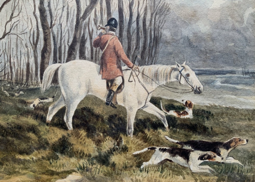 A framed 19th-century watercolour painting depicting a huntsman in a red coat riding a white horse alongside hunting hounds through a woodland landscape. View III