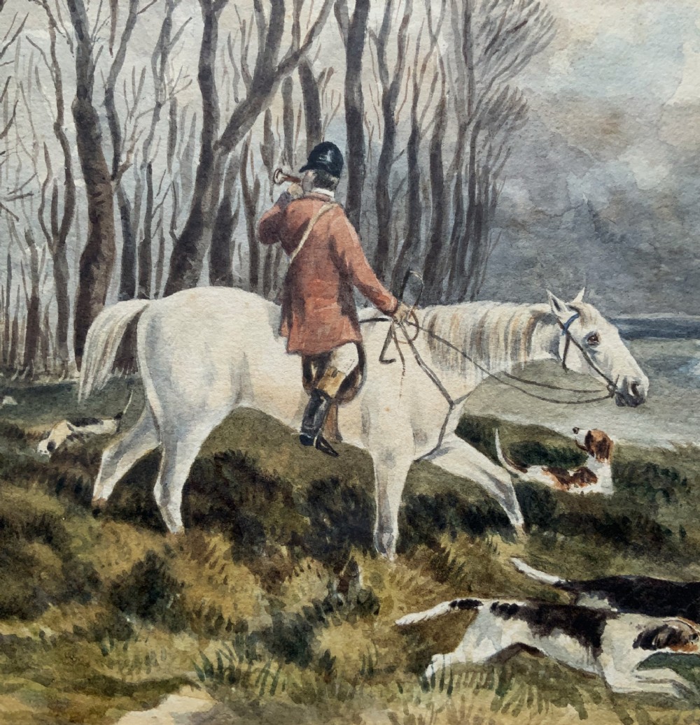 A framed 19th-century watercolour painting depicting a huntsman in a red coat riding a white horse alongside hunting hounds through a woodland landscape. View VI