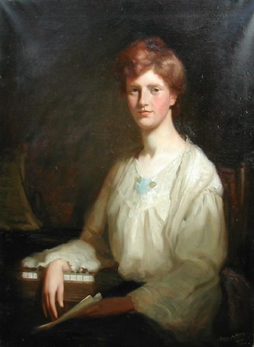 Portrait of Ella Mcleod Seated at a Piano Holding a Musical Score by John Arthur Machray Hay (1887-1960)