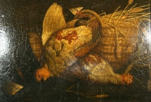 A Still Life of a Brace of Patridge with a Basket of Wheat on a Ledge, English School 18th Century