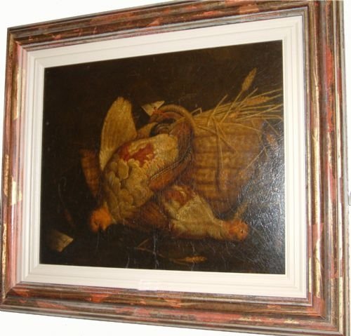 fig 1. A Still life of a brace of patridge with a basket of wheat on a ledge, English School 18th Century