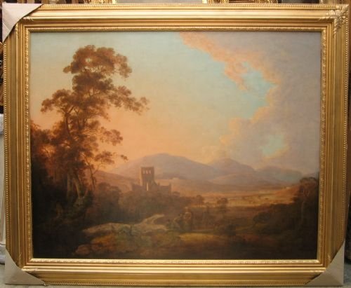 fig 1. An antique oil painting depicting the ruins of Melrose Abbey situated in a sprawling valley landscape under a warm sunset sky.