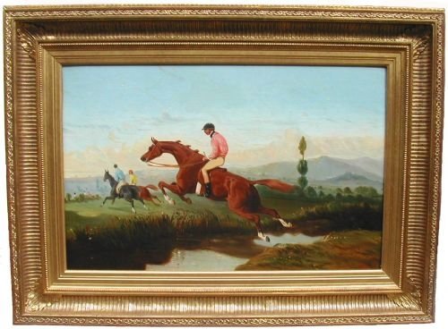 fig 1. A 19th-century English School oil painting depicting a jockey in a pink jacket riding a chestnut horse jumping over a water ditch during a steeplechase.