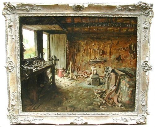 fig 1. An oil painting depicting the sunlit interior of a blacksmith forge, filled with ironworking tools, an anvil, and a central workbench.