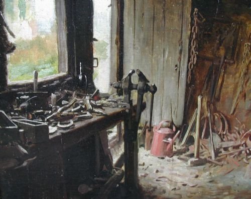 fig 2. An oil painting depicting the sunlit interior of a blacksmith forge, filled with ironworking tools, an anvil, and a central workbench.