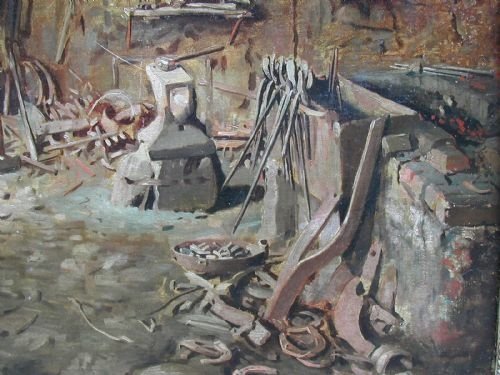 fig 3. An oil painting depicting the sunlit interior of a blacksmith forge, filled with ironworking tools, an anvil, and a central workbench.