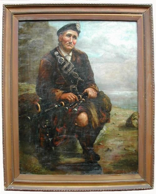 fig 1. A seated Piper on the Scottish coast, Scottish School 19th Century