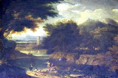 Italinate River Landscape with Figures in the Foreground and a Monestry Beyond; Circle of Antonio Dizianana (1737–1797)