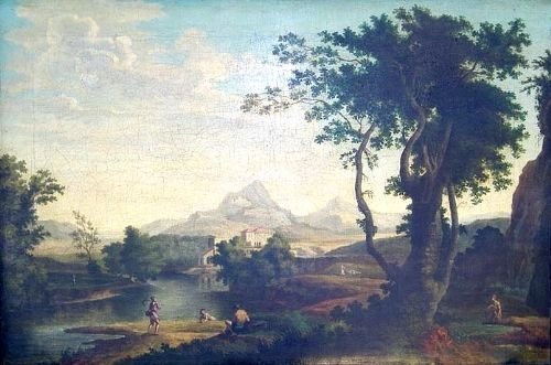 An Italinate River  Landscape with Figures in the Foreground and a Villa and Mountains Beyond; Circle of Antonio Dizianana (1737–1797)
