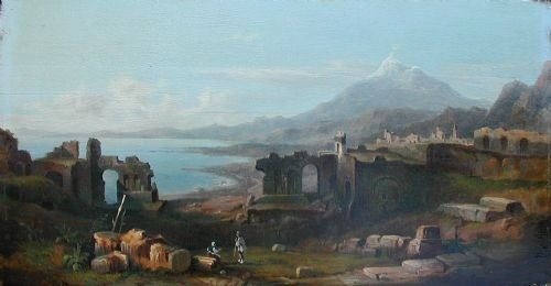 A View of the Greek Theatre at Taormina, Sicilly with Mt  Etna and the Bay of  Naxos Beyond, English School 19th Century