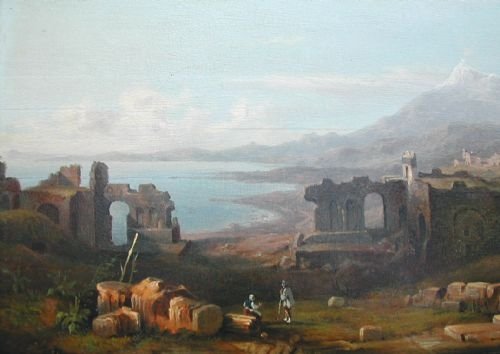 fig 1. A View of the Greek Theatre at Taormina, Sicilly with Mt Etna and the bay of Naxos beyond, English School 19th Century
