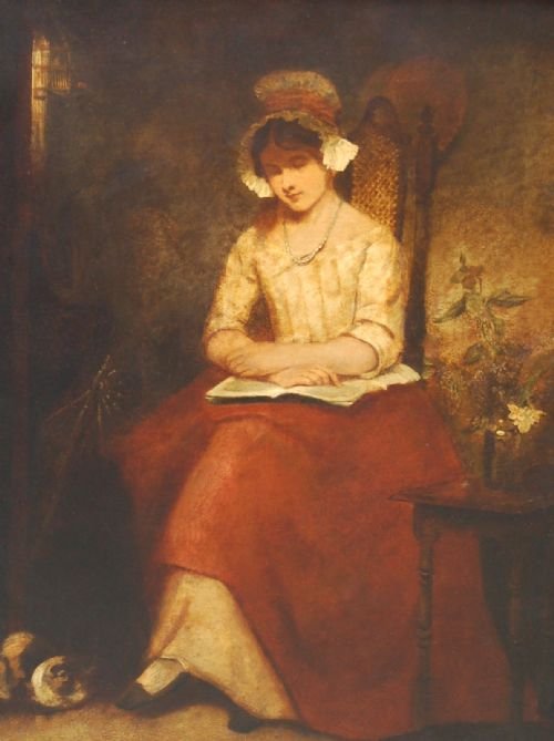 A Young Girl Reading a Book in a Wooded Clearing with Her Cat at Her Feet, English School 19th Century