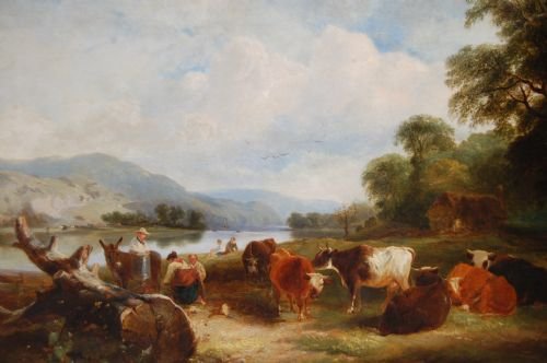 A River Landscape with Herders and Their Cattle Resting by  the River Bank, English School 19th Century