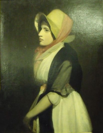 John Opie 1761-1807 Portrait of an Elegant Lady with  a Straw Hat and Pink Scarf