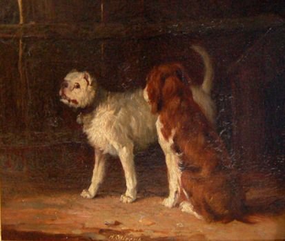 A Hound and a Terrier in a Kennel by Henry Calvert   (1813 - 1861)