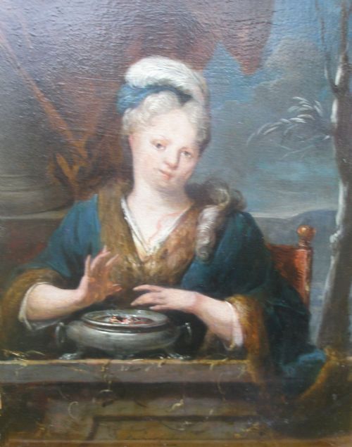 Circle of Casper Netscher 1639-1684
An Allegory of Winter, a Lady Warming Her Hands Over a Brazier