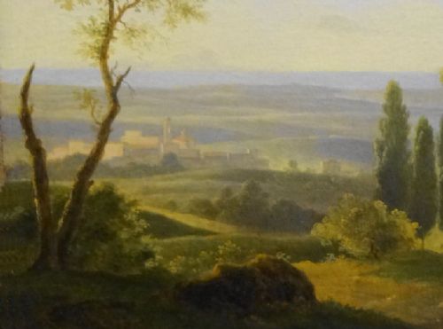 fig 1. An 18th-century style oil painting depicting an extensive Italianate landscape with cypress trees, rolling hills, and a distant villa under a light blue sky.