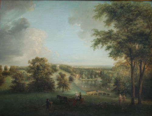 George Arnold 1763 - 1841  a Panoramic View of Virgina Water with Elegant Ladies & Children in a Horse Drawn Carriage