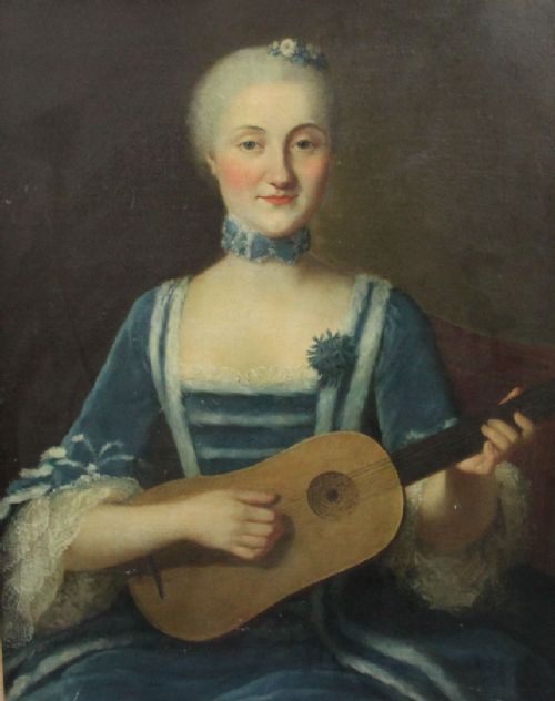 Attributed to Maurice Quentin De La Tour   1704 - 1788

Portrait of an Elegant Lady with a Double Course, Six String Baroque Guitar