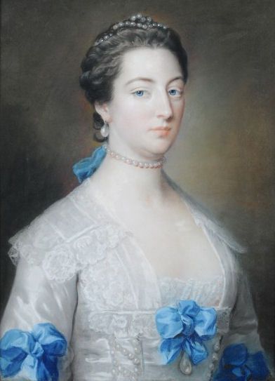 William Hoare of Bath, Ra,  1707 - 1792

Portrait of an Elegant Lady in a White Silk & Lace Dress with Blue Ribbons and Wearing Pearls