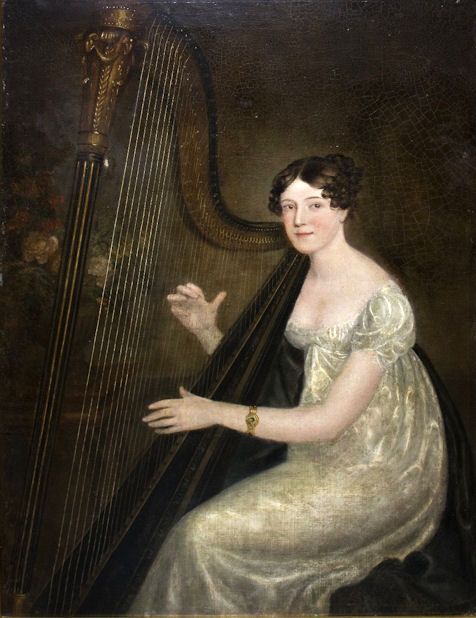 Attributed to James Northcote 1746-1831  Portrait of an Elegant Lady Playing the Harp with an Arrangement of Flowers on a Plinth