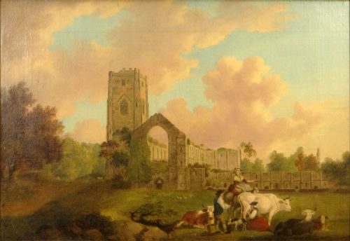 JULIUS CEASER IBBETSON 1759 1817 A VIEW OF FOUNTAINS ABBEY WITH A MILKMAID MILKING A COW IN THE FOREGROUND