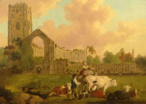 fig 1. An 18th-century oil painting depicting the ruined gothic arch and tower of Fountains Abbey with cattle and figures in a green pastoral field.