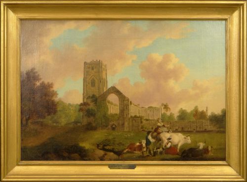 fig 2. An 18th-century oil painting depicting the ruined gothic arch and tower of Fountains Abbey with cattle and figures in a green pastoral field.
