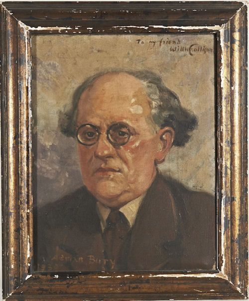 fig 1. An oil portrait on canvas depicting a gentleman with round spectacles in brown tones, signed and dated by Adrian Bury.